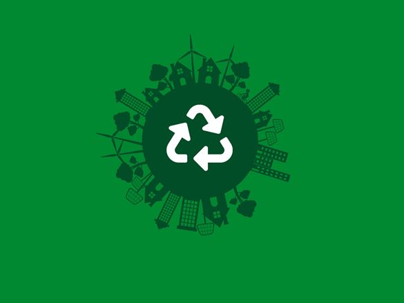 A globe with a recycling icon in the middle and a city landscape round it on a green background